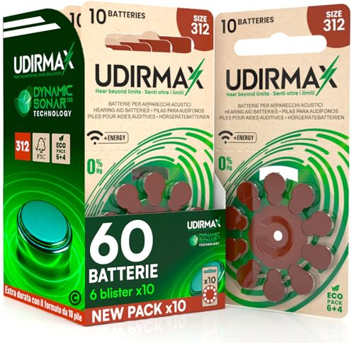60 Pilas para Audífonos PR41 Marrones Tamaño 312 Udirmax Batteries Zinc-Aire con Tecnología Dynamic Sonar Libres de Mercurio 1.45V Formato Eco Pack 6 Blísters Ecológicos de 10 Pila