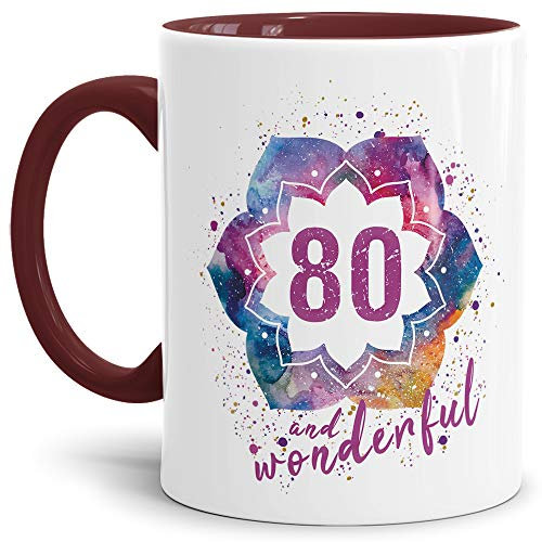 Geburtstags-Tasse 80 and Wonderful Geburtstags-Geschenk zum 80. Geburtstag als Geschenkidee für die Frau/Abstrakt/Bunt/Kaffeetasse/Innen & Henkel Weinrot