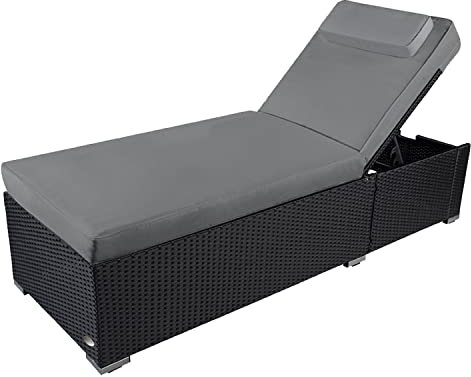 RS Trade Sonnenliege Verona High Schwarz/Grau - Outdoor Liege mit beständigem Poly-Rattan-Geflecht - verstellbare Rückenlehne – extra hoch & breite Liegefläche - inkl. Kopfteil und 12 cm Auflage