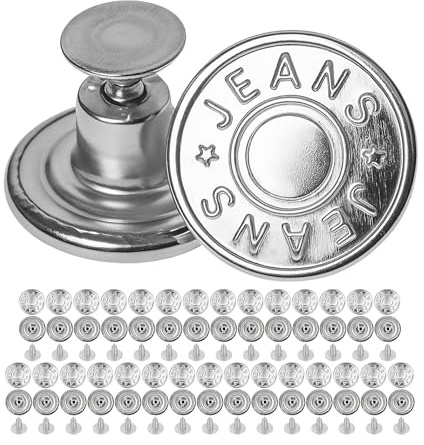 Byxknappar för nitning, 30-pack, set med två storlekar, jeansknappar i mässing, silverfärgade, jeansknapp med nitar, jeansknapp för att hamra i, byxknappar i metall, byxbreddningskit
