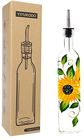 YIYUKODO 17oz Hand Painted Glass Olive Oil Bottle Dispenser - 500ml Green Oil & Vinegar Cruet with Pourers - Olive Oil Carafe Decanter for Kitchen (sunflower2)