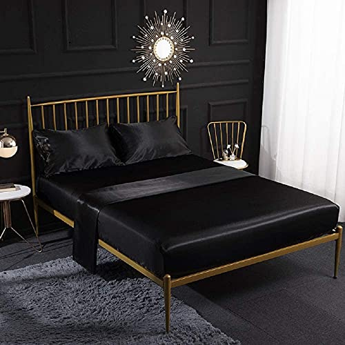 Juego de sábanas de satén Negro tamaño King 4 Piezas de Ropa de Cama Suave y Sedosa,sábana Bajera Ajustable de satén Suave y Fresco para Hotel, sábana encimera de Verano