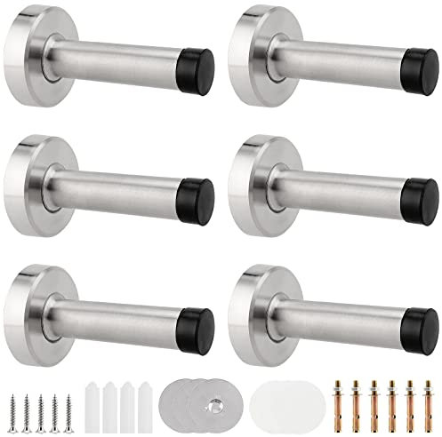 ZOENHOU 6 PCS 80mm Door Stop, Wall Mounted Heavy Duty Stainless Steel Door Stopper with Rubber Tips and Mounting Hradware for Home, Office, Silver