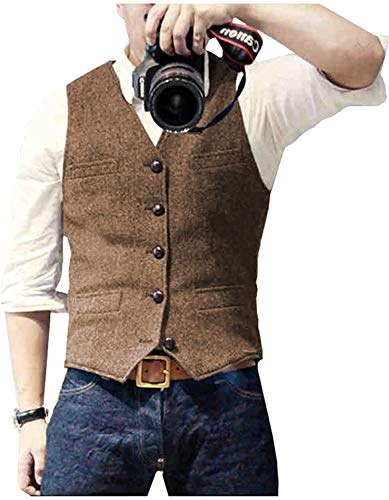 Ceehuteey Mens Suit Vest Waistcoat Tweed Retro V Neck Wool Herringbone for Prom(Brown,L)