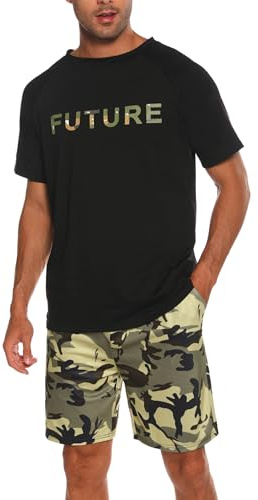 Nieery Pijamas Hombre Verano Conjunto Manga Corta Camiseta Cuello Redondo Pantalones Cortos Camuflaje con Bolsillos S-3XL