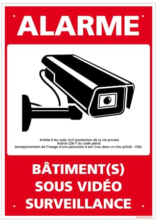 Signalétique.biz France - Panneau Alarme, Bâtiment(S) Sous Vidéo Surveillance Alu 2 Mm - 300 X 420 Mm Signalisation Rectangulaire Prépercée Avec Kit De Fixation Fabrication Française