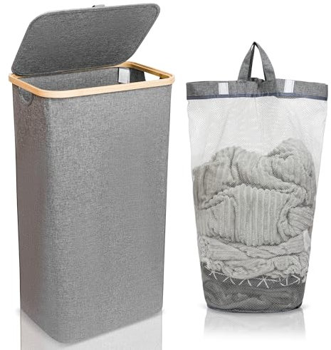 CRAXTER Large Laundry Basket with Lid – 110L Washing Basket for Laundry with Bamboo Handles and Removable Laundry Bag, Foldable Laundry Hamper for Dirty Clothes Slim Laundry Bin Storage Basket (Grey)