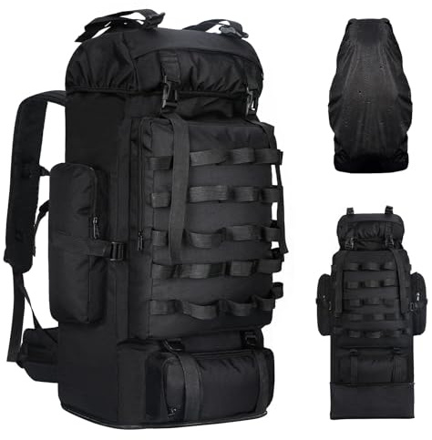 LibSkyln 70L/100L Camping Hiking Backpack with Rain Cover, Expandable Large Military Tactical Backpack, Waterproof Molle Racksack Travel Backpacking Daypack for Climbing Trekking (Black)