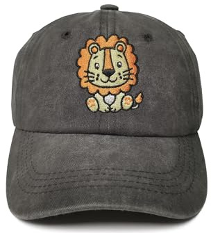 ZKFE Embroidered Lion Hat for Boy Girl, Gifts Kids, Washed Black Embroidery Adjustable Baseball Cap for Child Children