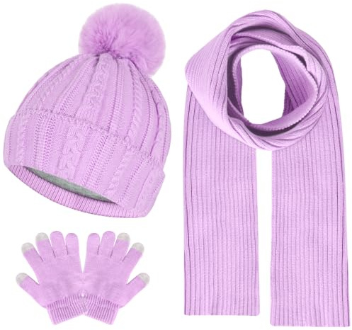 Kids Winter Hat Gloves Scarf Set Winter Knit Beanie Cap with Pompom Scarf Gloves Warm Set for Toddlers Girls Ages 2-8