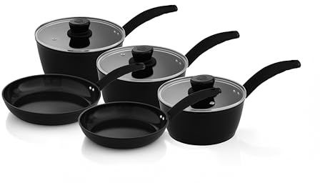 Swan Stealth 5 Piece Cookware Set with Superior Ceramic Coating, 18/20/22cm Saucepans with Tempered Glass Lids, 20/24cm Frying Pans, Induction Compatible, Black