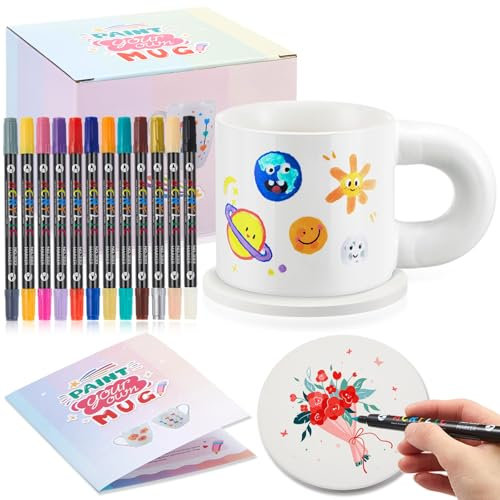 Sinmoe Weihnachten Keramik Tasse Bemalen Set Enthält Blanko Sublimation Tasse Untersetzer und 12 Stifte mit 24 Farben Keramik Becher Malset Kreativ Basteln Geschenk für Erwachsene (Modisch)