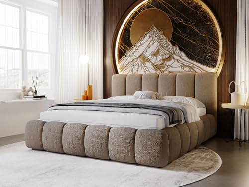 GRAINGOLD Cloud Bett 200x200, Polsterbett mit Bettkasten, Polsterbett mit Stauraum, Bouclé-Stoff, mit Lattenrost, mit Kopfteil, ohne Matratze (Braun, 200x200)