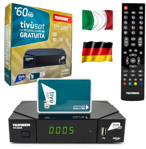 Telefunken TFKS2000 Original Tivusat HD Satelliten-Receiver inkl. aktivierter Tivùsat HD-Karte Full HD 1080p Vorinstalliert für deutsche & italienische TV SAT Sender 13°E & 19.2°E Sterndiscount