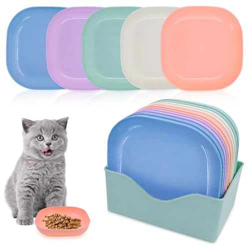 10 Gamelles Plates pour Chat Anti-Stress Moustaches, Plastique PP avec Base Antidérapante, Couleurs Assorties Empilables pour Foyers avec Plusieurs Chats, 15 x 15 x 3 cm