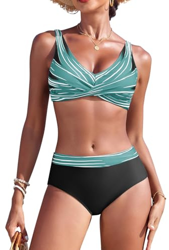 Svanco Bikini Mujer 2 Piezas Braga Alta Reductor Barriga - Escote V Diseño Cruzado Color Block con Copa
