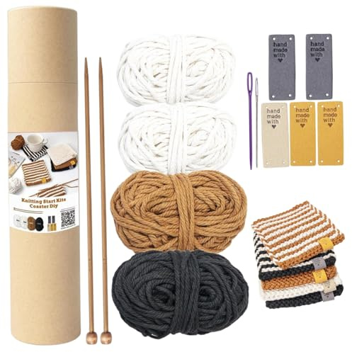 Licsaliwe Kit per lavorare a maglia per principianti con filo per uncinetto e gancio, set completo per realizzare sottobicchieri per adulti e bambini, lavori fai da te artigianato