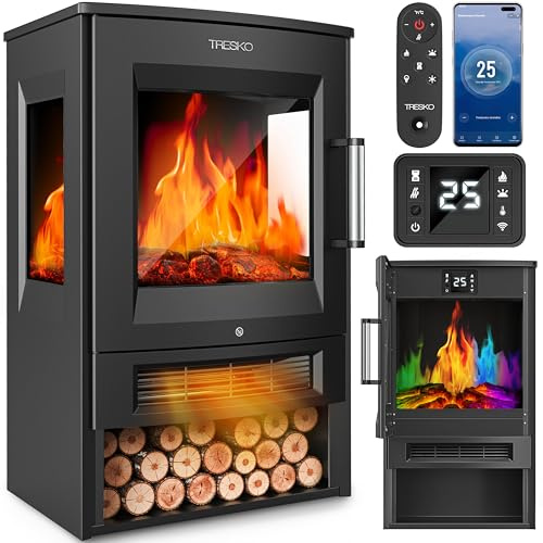 TRESKO Chimenea eléctrica Calefacción 1800W, Smart Home WiFi App & Mando | Estufa eléctrica con Efecto Llama LED y Pantalla LCD | Chimenea eléctrica con termostato | Calefacción por ventilado (Negro)