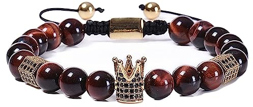 Bijoux Bracelets Couronne avec Zircone pour Elle et Lui, Bracelet Partenaire Oeil de Tigre, 8 mm, Fait Main, 18 cm Robinetterie Domestique
