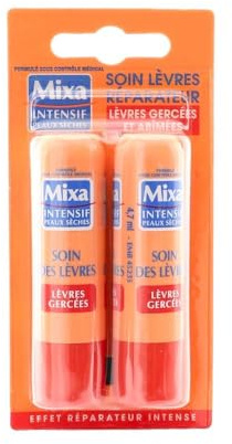 Mixa Intensif Soin Lèvres Réparateur Peaux Sèches Gercées Lot de 2x4,7ml | Allantoïne réparatrice, Beurre de karité nourrissant, Vitamine E protectrice, Formule contrôle médical