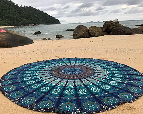 Raajsee Round Beach Tapestry Turquoise Mandala Throw/Boho Hippie Beach Blanket Roundie/Indian Cotton Bohemian Large Round Table Cloth-Home Decor/Yoga Mat Meditation Picnic Rug 69 inch
