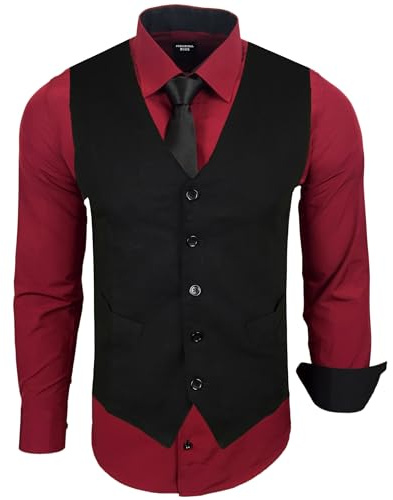 Subliminal Mode – Chaleco sin planchado + camisa + corbata hombre cuello bicolor liso manga larga Slim Business Idea regalo RN33, burdeos, M