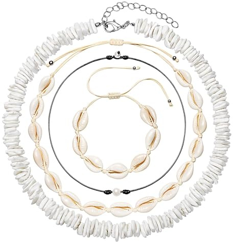 TKUAMIGO Puka Shell Necklace for Women Natural Pearl Choker Necklace Adjustable Seashell Necklace Cowrie Shell Bracelet Beach Boho Jewelry Set for Vsco