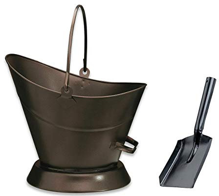 Heavy Duty Metal Fireside Waterloo Bucket Fireplace Hod Scuttle Coal Fuel Ash Wood Log Storage Option with Shovel and Poker (Bronze/Oxy Waterloo Bucket + Shovel)