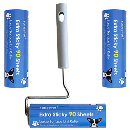 Rouleau Adhésif Grande Surface 16 cm, Ramasse-Poils Rouleau Extra Collant pour Chien, Chat, Vêtements et Meubles, 90 Feuilles (1 Rouleau + 2 Recharges)