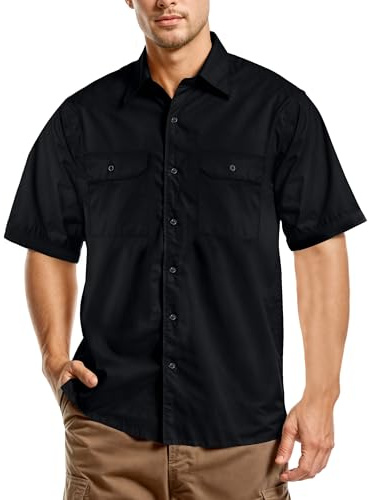 Work Shirt for Men Button Up Short Sleeve 2 Pockets, X-Large, Black