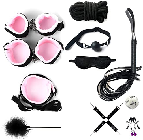 Sex Bondage 11 Pcs BDSM Leather Bondage Sets Restraint Kits Adult Sex Toys for Women and Couples,Hand Cuffs Ankle Cuff Bondage Collection & Blindfold & Tickler Included (Pink)
