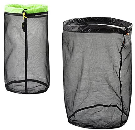 HLIWS Mesh Stuff Sack Drawstring Bag-2Pcs Ultra-Light Net Bags Drawstring,Outdoor Compression Storage Sack,for Camping Hiking(Black Green L+Black XXL)