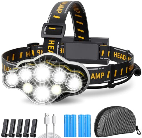 Lampe Frontale Led Ultra Puissante,18000 Lumens 8 Led 8 Modes Lampe Frontale Led Rechargeable USB 90° RéGlable Ipx4 ÉTanche,Torches Frontales Parfait Pour Camping, Pêche, Cave, Jogging Et Randonnée