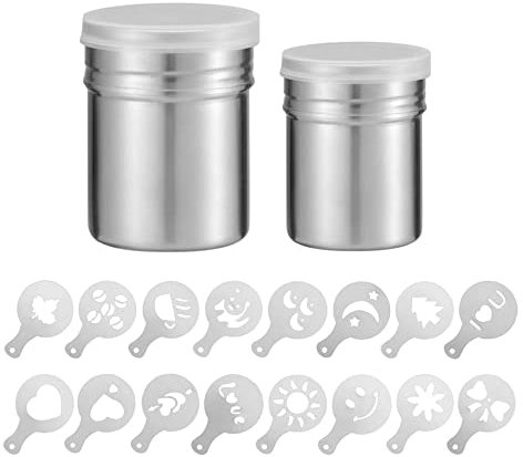 Gativs Dispenser Cacao in Polvere 2 Pezzi Lattine in Polvere con Rete Barattoli Dosatori in Acciaio Inox Draghe Shaker Lattine Mesh Acciaio Inossidabile in Polvere Shakers con 16 Stampa Stampi Stencil