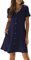 Yageshark Sommerkleid Damen Kurzarm V-Ausschnitt Einfarbig Knopfleiste Sommerkleider Freizeitkleid Knielang A-Linien Midi Kleid mit Taschen(Marine,Medium)