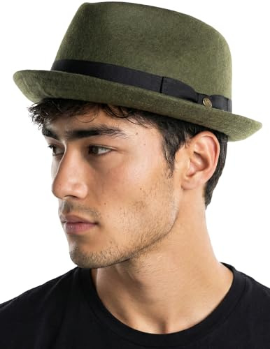 Funky Junque Porkpie Fedora Hats for Men – Classic Wool Blend Trilby Dress Hat, Short Brim Fedoras for Formal & Casual Wear - Olive - Small/Medium