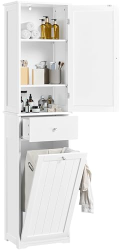 Abician Meuble Colonne Salle de Bain, Armoire avec 1 Panier à Linge, 1 Tiroir, 2 Étagères Ajustables, 45 × 30 × 180 cm, Placard de Rangement Haut Toilette/Buanderie Blanc