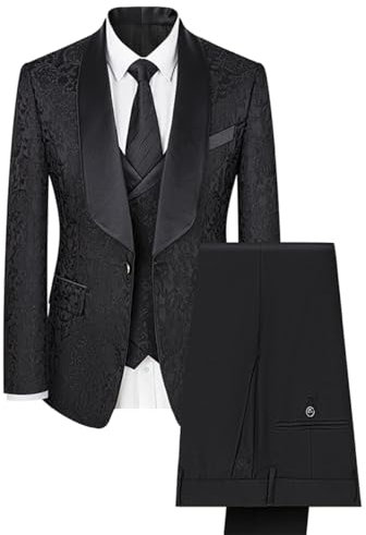 Allthemen Jacquard Anzug Herren Smoking 3 Teilig Paisley Anzüge Slim Fit Schalkragen Schwarz XL