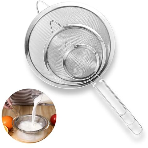 Set di 3 scolapasta a maglia fine con manico, Colador de cocina acero inoxidable con mango, scolapasta da cucina in acciaio inox, diametro 7/12/18 cm, adatto per setacciare alimenti, pasta, verdure