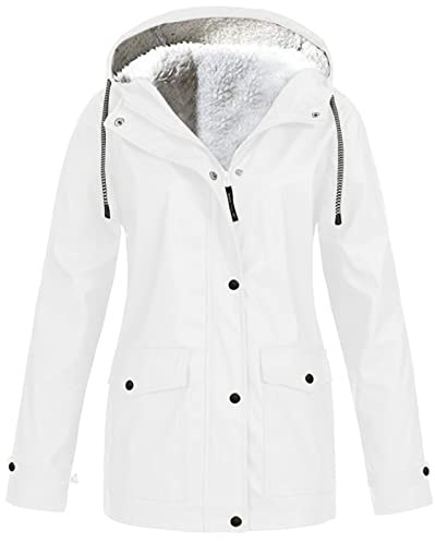 KOG Winterjacke Damen Fleecejacke Wasserdicht Regenjacke Regenmantel Windbreaker mit Kapuze Warme Outdoor Jacken Fahrradjacke Regenjacken Windjacke Wanderjacke Weiß S