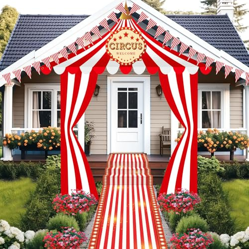 Preboun 9 Pcs Circus Tent Decorations Carnival Party Decorations Entryway Door Awning Decoration Red and White Striped Hanging Banner Aisle Runners Pennant Banner String Lights for Circus Birthday