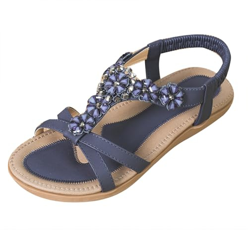 YOUNIFIZ Flat Sandals For Women Dressy Walking Comfortable Shoes With Rhinestone Elastic Strap Summer Vacation (Navy,Size 4)