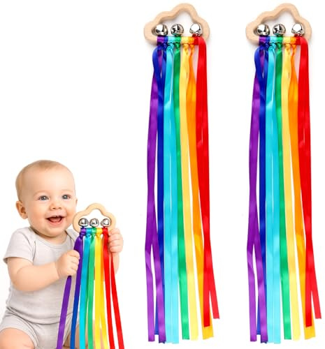 Sensory Wooden Ring Baby Toys – Montessori Rainbow Ribbon Rattle Toys with Bells, Educational Sensory Toys for Babies & Toddlers, Wooden Cloud Grip Toy for Crawling & Play (Style A)