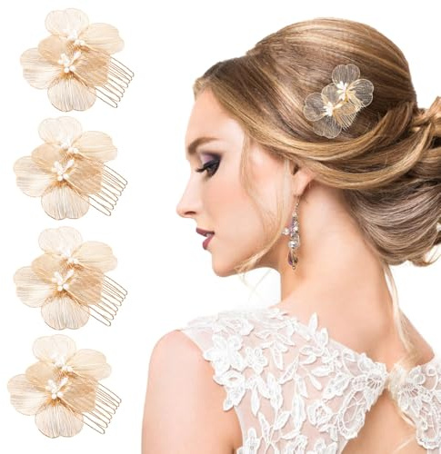 XFSRG 4 Peines Peine para el Cabello Nupcial Horquillas para el Pelo de Flores Accesorios Boda Novia Simple y Generoso para Mujeres y Niñas (Oro)