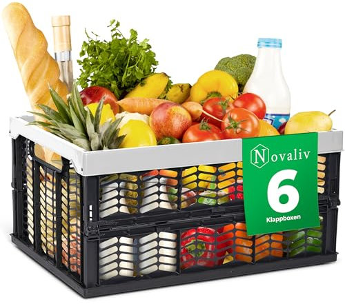 Novaliv Lot de 6 boîtes pliantes pliables et stables de 30 l - Gris et noir - Caisses à provisions pliables - Boîte de rangement - Panier de rangement de cuisine