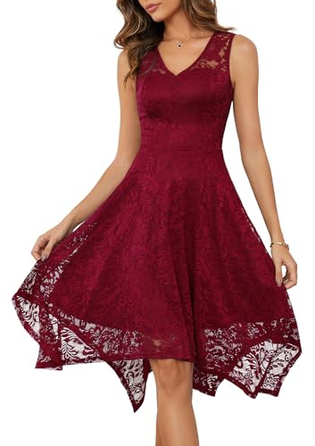Meetjen Robes de Cocktail À Col En V Robe de Soirée Asymétrique Élégante en Dentelle Sans Manchesde Haute Rouge foncé XL
