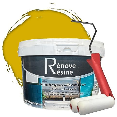 COULEURS D ANTAN Peinture Résine multisupport Intérieur pour Faïence, Carrelage, Douche, Baignoire 5m² - RAL 1032 Jaune genêt + Kit d'application OFFERT