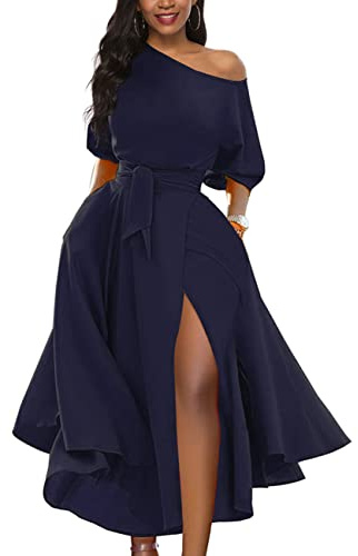 LILYIN Women’s Elegant Off Shoulder Short Sleeve Belted Side Slit Cocktail Party Swing Dress with Pockets (L, Navy)