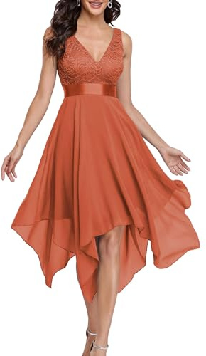 Ever-Pretty Robe de Cocktail Asymétrique au Genou Femme Double Col-V sans Manche en Dentelle Mousseline de Soie Orange Brûlée 42