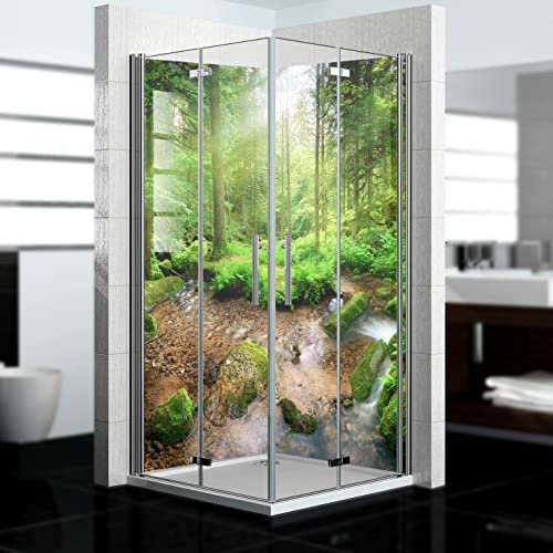 dedeco Pannello posteriore doccia angolare impermeabile, motivo foresta V3, vernice UV lucida, 2x 90x210 cm, come pannello posteriore per il bagno per la sostituzione delle piastrelle